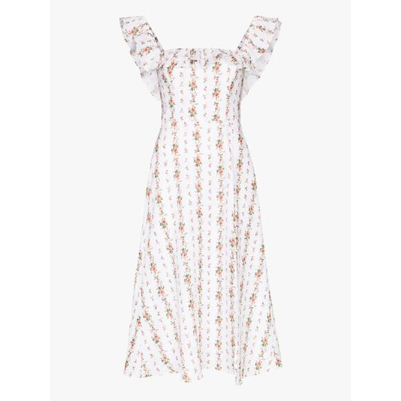 Reformation Amethyst Floral Ruffle Linen Midi Dress - 2 - Poppyseed - Picture 1 of 3
